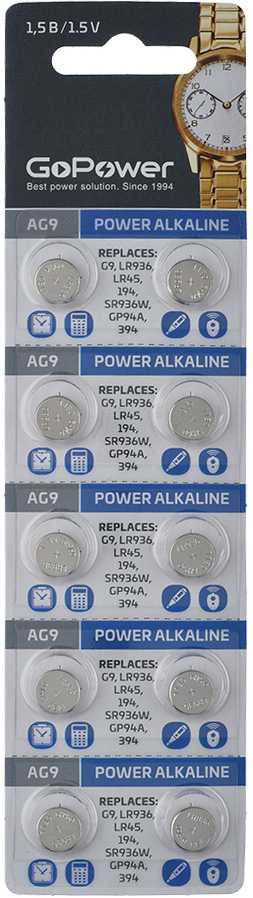 Батарейка GoPower G9/LR936/LR45/394A/194 BL10 Alkaline 1.55V (10/100/3600) Элементы питания (батарейки) фото, изображение